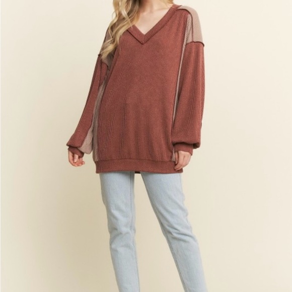 Heimish Rust Long Sleeve Urban Ribbed Color Block Knit Top - Picture 4 of 5